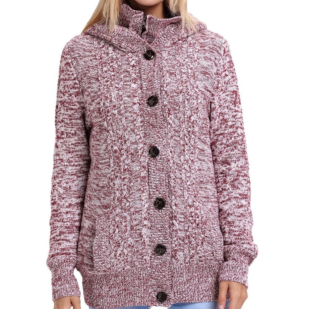 Red Long Sleeve Button-up Hooded Cardigan